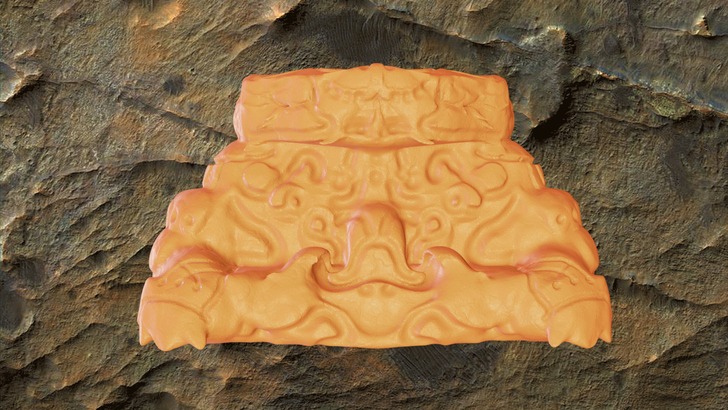 An orange clay-like figurine with a rectangular shape and etchings inscribed into its surface rotates against a luminescent background of rocks.